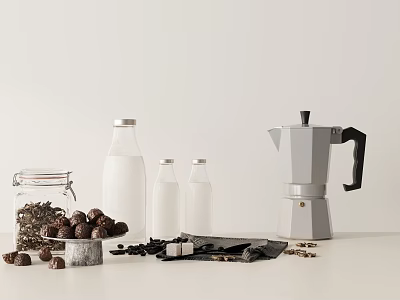 Decorative Ornament Set for Kitchen Counter With Moka Pot Glass Milk Bottles and Coffee Beans 3d model