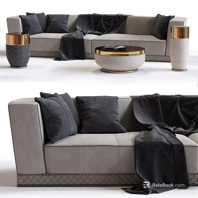 Gray Sectional Sofa With Dark Cushions Throw Blanket And Round Coffee Table 3d model