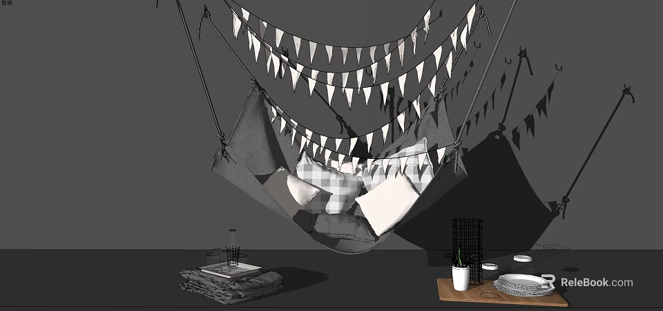Cozy Hammock with White Bunting Flags Gray and White Pillows Side Table Plant Plates Books 3d model 