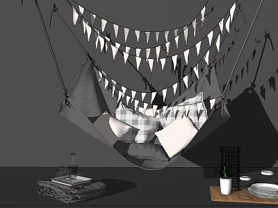 Cozy Hammock with White Bunting Flags Gray and White Pillows Side Table Plant Plates Books 3d model