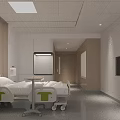 Modern Hospital Room Interior With Medical Bed TV Window Green Curtain And Wooden Cabinets