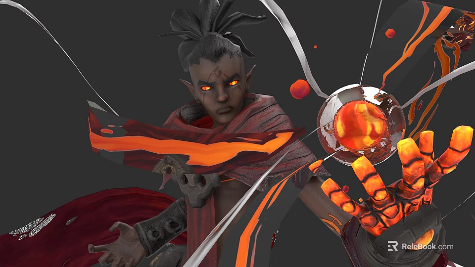 Mystic Game and Movie Character with Glowing Eyes Tied Hair Red Cape and Fiery Orb 3d model 