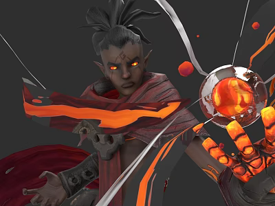 Mystic Game and Movie Character with Glowing Eyes Tied Hair Red Cape and Fiery Orb 3d model