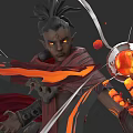 Mystic Game and Movie Character with Glowing Eyes Tied Hair Red Cape and Fiery Orb