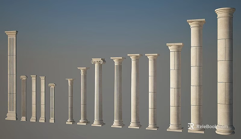 White Architectural Columns in Various Styles with Increasing Height Against Gray Sky Background 3d model 
