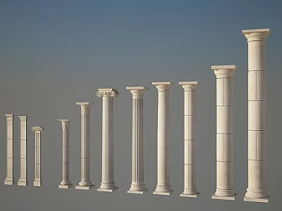 White Architectural Columns in Various Styles with Increasing Height Against Gray Sky Background 3d model
