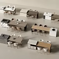Modern Kitchen Interior Featuring Various Island Designs With Tables And Chairs 3d model