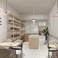 Modern Milk Tea Shop Interior With Wooden Bar Counter Stools And Pampas Grass Decorations