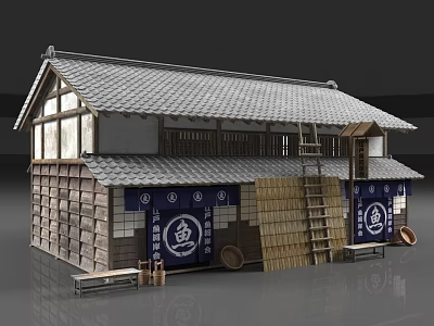 Traditional Japanese Shop Building With Wooden Structure Tile Roof Balcony Ladder And Fish Logo 3d model