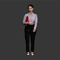 Woman wearing purple striped shirt and black pants holding red folder against gray background
