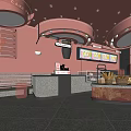 Cozy Bakery Interior With Pink Walls Round Ceiling Lights Display Cases And Bread Baskets