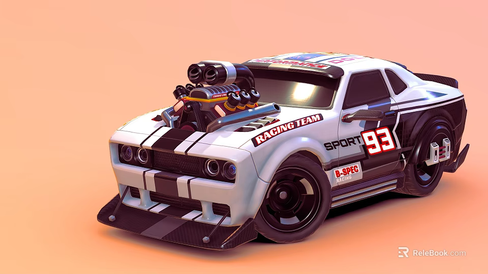 White Sport Racing Car With Black Stripes Racing Team Logo Number 93 S-PRO Badge 3d model 