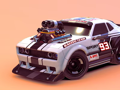 White Sport Racing Car With Black Stripes Racing Team Logo Number 93 S-PRO Badge 3d model