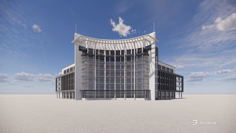 Modern Office Building Featuring Glass Curtain Wall Curved Roof And Blue Sky Open Ground 3d model 