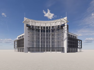 Modern Office Building Featuring Glass Curtain Wall Curved Roof And Blue Sky Open Ground 3d model