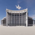 Modern Office Building Featuring Glass Curtain Wall Curved Roof And Blue Sky Open Ground