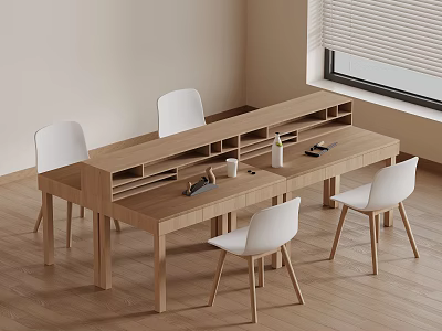 Modern Dining Space With Wooden Table White Chairs Light Walls Wooden Floor And Window 3d model
