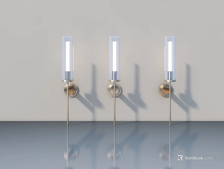Three Modern Wall Lamps With Transparent Glass Shades And Metal Brackets Mounted On Wall 3d model 