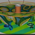 Colorful Circular Net Playground Structure With Central Cylinder Hanging Rings And Striped Floor