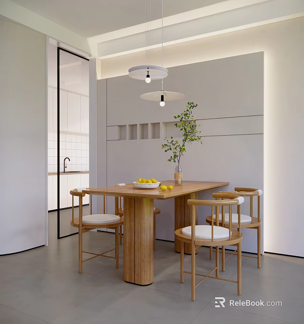 Modern Restaurant Interior With Wooden Dining Table Four White Cushion Chairs Green Plant Fruit Bowl 3d model 