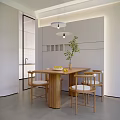 Modern Restaurant Interior With Wooden Dining Table Four White Cushion Chairs Green Plant Fruit Bowl