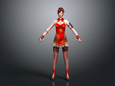 Female Warrior Character In Red Chinese Costume With Dragon Pattern And Decorative Hairpiece 3d model