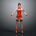 Female Warrior Character In Red Chinese Costume With Dragon Pattern And Decorative Hairpiece