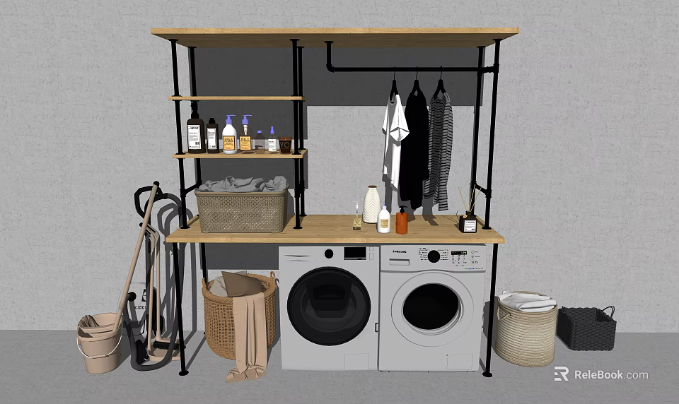 Practical Bathroom Cabinet Rack with Wooden Countertop Black Metal Frame Washing Machines and Storage Baskets 3d model 