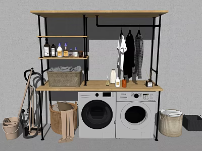Practical Bathroom Cabinet Rack with Wooden Countertop Black Metal Frame Washing Machines and Storage Baskets 3d model
