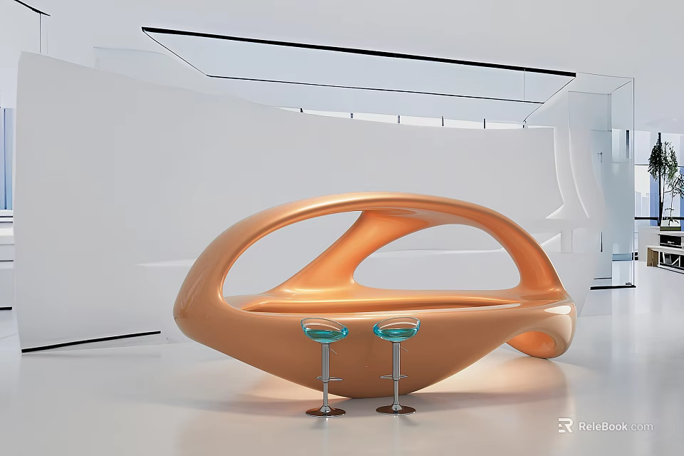 Modern Orange Reception Desk With Glass Stools In Minimalist Interior Space 3d model 