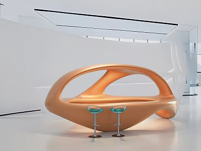 Modern Orange Reception Desk With Glass Stools In Minimalist Interior Space 3d model