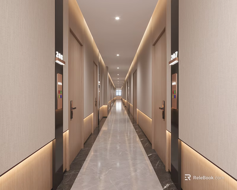 Modern Hotel Corridor With Light Beige Walls Room Numbers Marble Floor And Recessed Lighting 3d model 