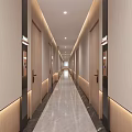 Modern Hotel Corridor With Light Beige Walls Room Numbers Marble Floor And Recessed Lighting