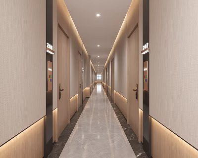 Modern Hotel Corridor With Light Beige Walls Room Numbers Marble Floor And Recessed Lighting 3d model