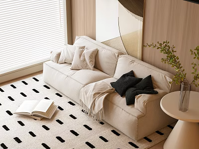 Light Beige Multi Seater Sofa With Pillows Throw Blanket Geometric Rug And Green Plant 3d model