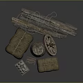 Vintage Household Supplies Including Bundled Sacks Wooden Barrel Wheel And Crate