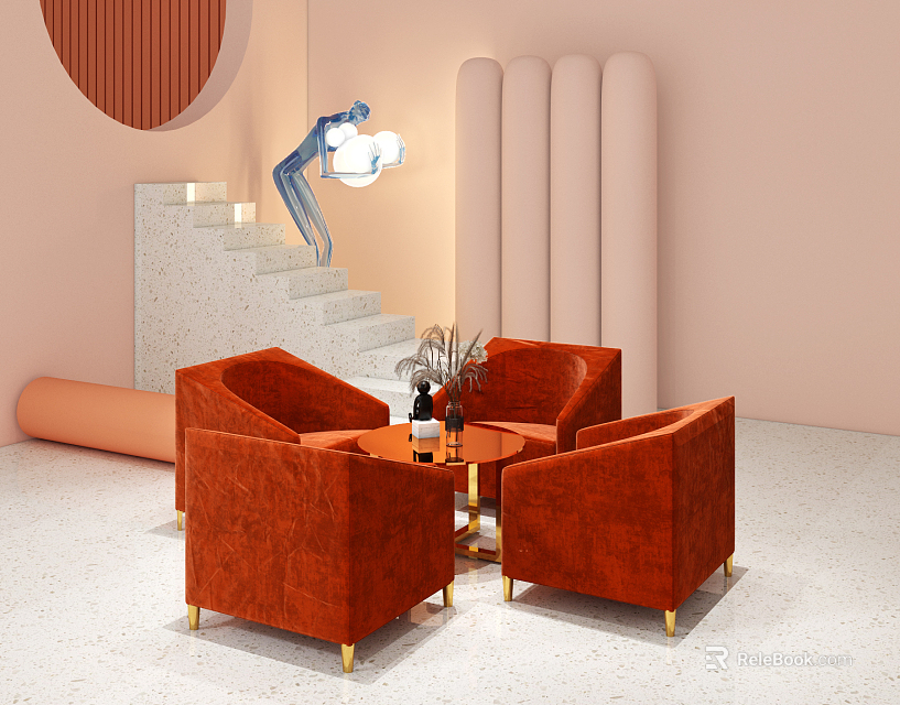 Elegant Modern Orange Velvet Leisure Sofa Set With Four Seater Round Coffee Table And Decorative Plants 3d model 
