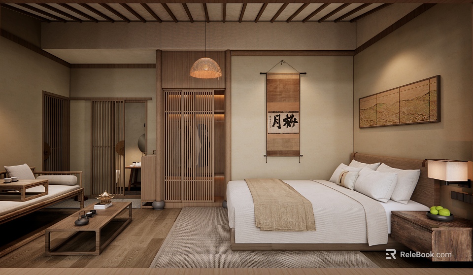 Traditional Japanese Style Hotel Guest Room With Wooden Sliding Doors Scroll Decor And Warm Lighting 3d model 