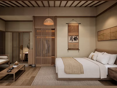 Traditional Japanese Style Hotel Guest Room With Wooden Sliding Doors Scroll Decor And Warm Lighting 3d model