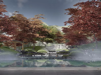 Tranquil Garden Landscape With Red Maple Trees Green Foliage Pond Reflections And Stone Features 3d model