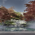 Tranquil Garden Landscape With Red Maple Trees Green Foliage Pond Reflections And Stone Features