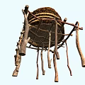 Traditional Beehive Shaped Thatched Hut With Wooden Supports And Climbing Ladder