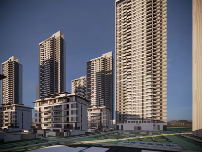 Modern High Rise Residential Buildings With Low Rise Structures And Green Spaces 3d model