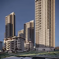 Modern High Rise Residential Buildings With Low Rise Structures And Green Spaces