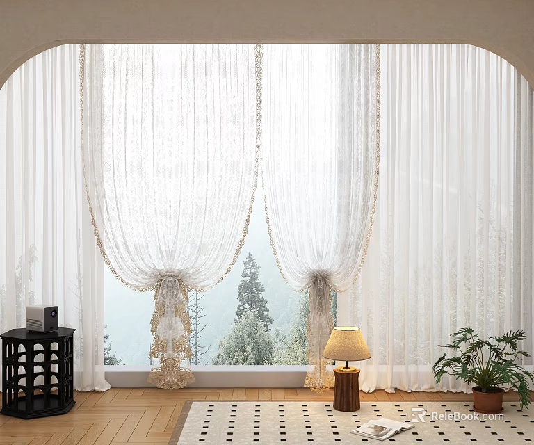 White Sheer Lace Curtains in Arched Window with Mountain View and Indoor Lamp Plant 3d model 