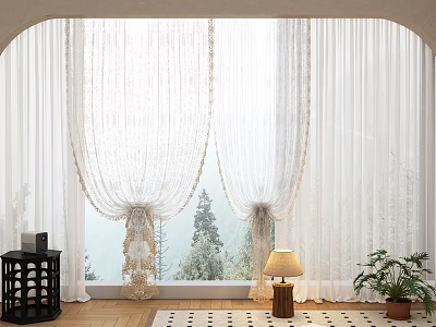 White Sheer Lace Curtains in Arched Window with Mountain View and Indoor Lamp Plant 3d model