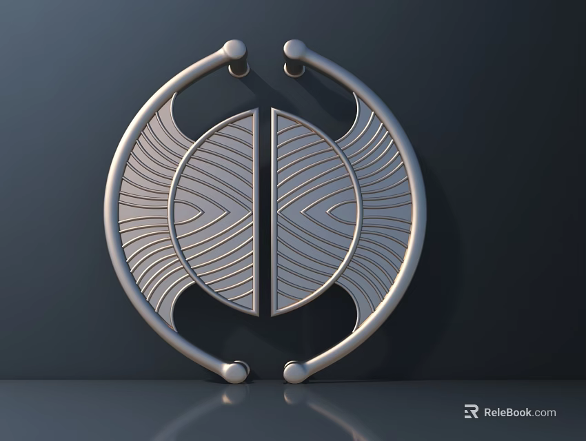 Silver Circular Handle With Symmetrical Wave Patterns On Dark Background And Bottom Reflection 3d model 