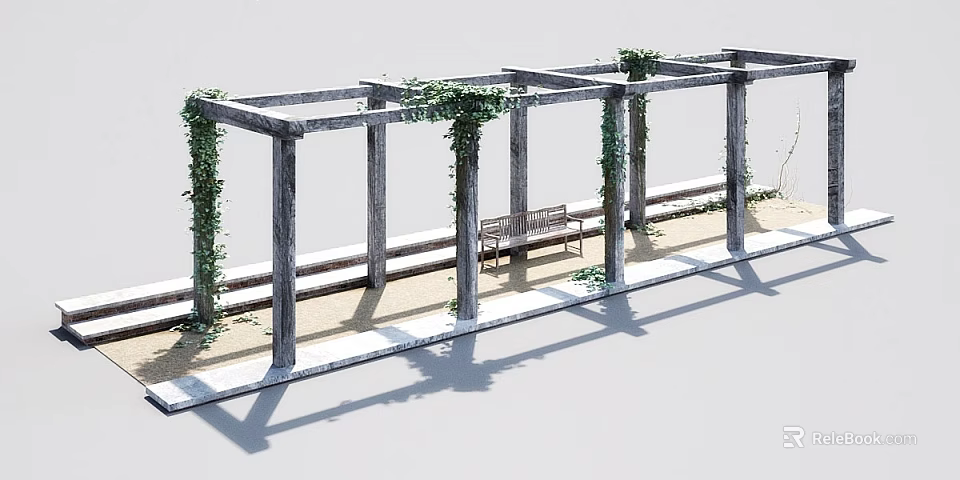 Garden Landscape Design Featuring Wooden Pergola With Green Vines And Bench On Sandy Ground 3d model 