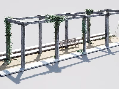 Garden Landscape Design Featuring Wooden Pergola With Green Vines And Bench On Sandy Ground 3d model