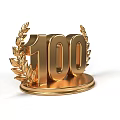 Gold Trophy With Number 100 And Laurel Wreath On Shiny Base
